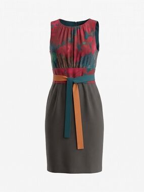 Elie Tahari Colour block Floral Bodice Sheath Dress with Contrast Belt, US 8